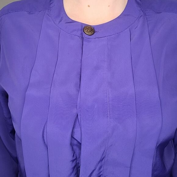 VINTAGE 90s blouse bright purple pleated button up secretary top XL - Picture 4 of 12